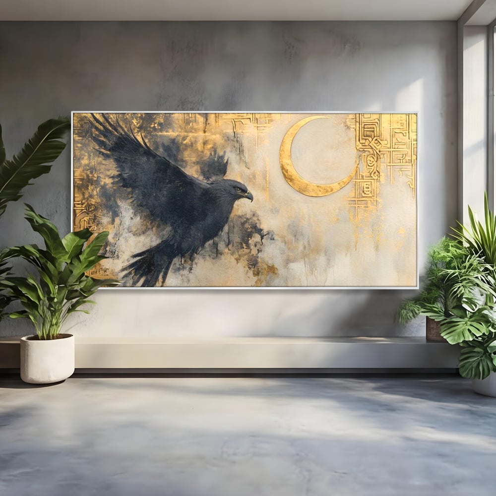 Tablou canvas cu tablou canvas cu vultur si semiluna aurie, in rama de aluminiu argintiu